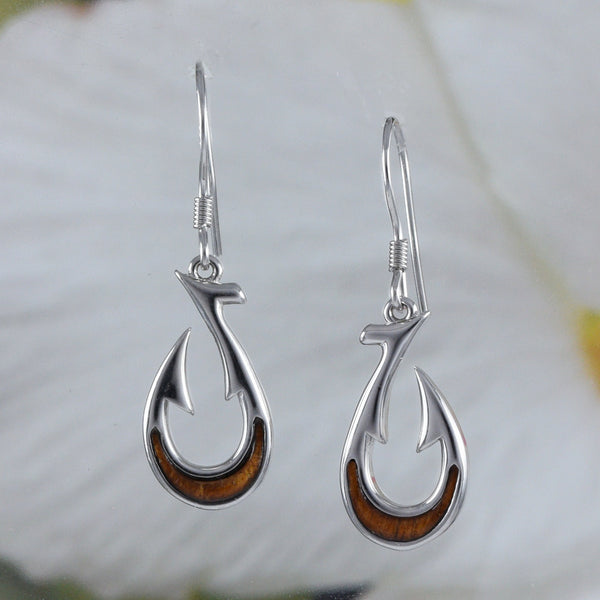 Unique Hawaiian Genuine Koa Wood 3D Fish Hook Earring, Sterling Silver Fish Hook Dangle Earring, E8924 Mother Birthday Wife Mom Gift