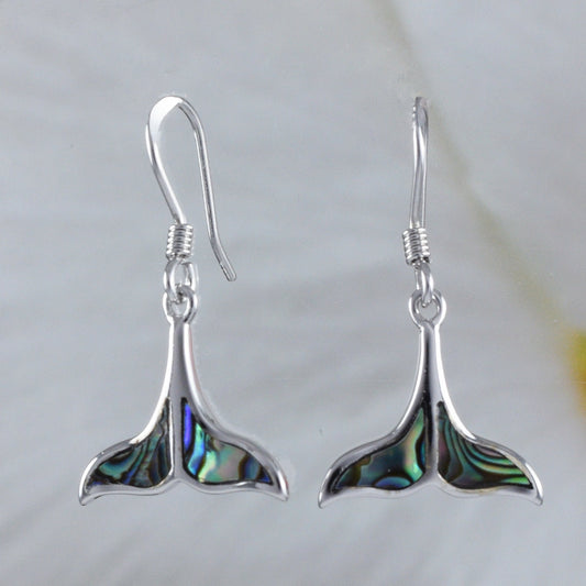 Unique Pretty Hawaiian Genuine Paua Shell Whale Tail Earring, Sterling Silver Whale Tail Dangle Earring, E8925 Birthday Mom Mother Gift