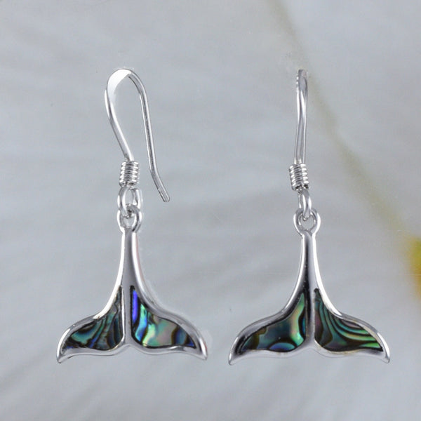 Boucles d'oreilles uniques et jolies en forme de queue de baleine en véritable coquillage Paua hawaïen, boucles d'oreilles pendantes en argent sterling, cadeau d'anniversaire pour maman et mère E8925