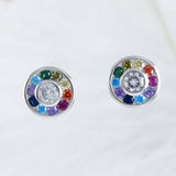 Beautiful Hawaiian Rainbow Stone Circle Earring, Sterling Silver Multi-Color Stone Circle Stud Earring, E9022 Birthday Mother Mom Gift