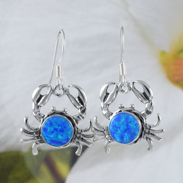 Magnifique boucle d'oreille en forme de crabe en opale bleue hawaïenne, boucle d'oreille pendante en argent sterling en forme de crabe en opale, cadeau d'anniversaire pour maman E9057