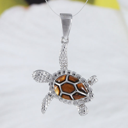 Collier unique en bois de koa véritable hawaïen avec tortue de mer, pendentif en argent sterling avec tortue en bois de koa, cadeau d'anniversaire pour mère, épouse, maman, N9143