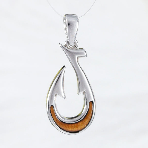 Beautiful Hawaiian Genuine Koa Wood Fish Hook Necklace, Sterling Silver Fish Hook Pendant, N9145 Birthday Mother Gift