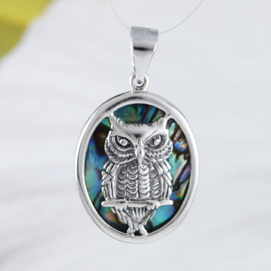 Collier unique en forme de hibou en coquillage de paua hawaïen véritable, pendentif en argent sterling avec nacre d'ormeau, cadeau d'anniversaire pour maman N9165, déclaration PC