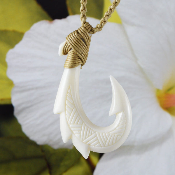 Unique Hawaiian Large Fish Hook Necklace, Hand Carved Buffalo Bone 3D Fish Hook Necklace, N9102 Birthday Mother Gift, Island Jewelry