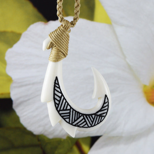 Unique Hawaiian Large Fish Hook Necklace, Hand Carved Buffalo Bone 3D Fish Hook Necklace, N9104 Birthday Mother Gift, Island Jewelry