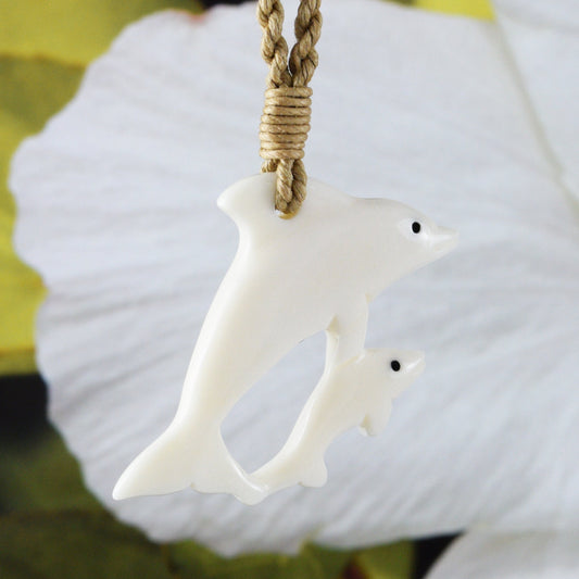 Unique Hawaiian Mom and Baby Dolphin Necklace, Hand Carved Buffalo Bone 2 Dolphin Necklace, N9116 Birthday Mother Gift, Island Jewelry