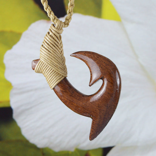 Unique Hawaiian Koa Wood Fish Hook Necklace, Hand Carved Genuine Koa Wood Fish Hook Necklace, N9132 Birthday Mother Gift