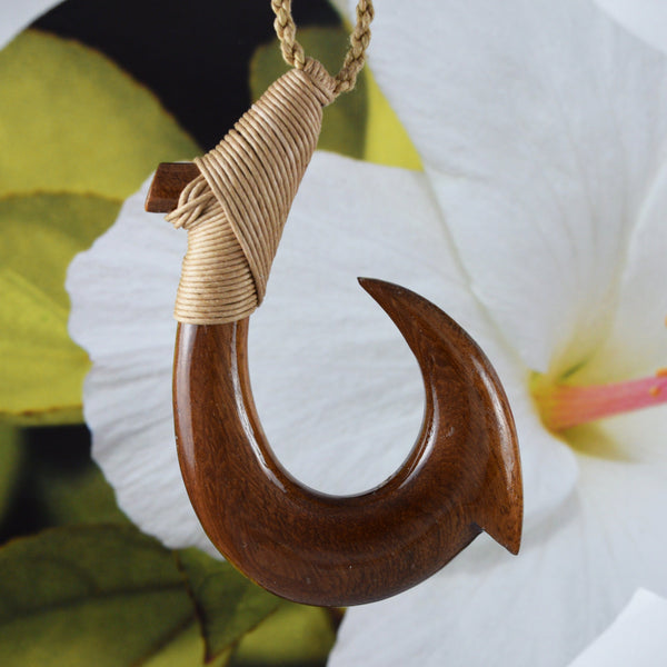 Unique Hawaiian XX-Large Koa Wood Fish Hook Necklace, Hand Carved Genuine Koa Wood Fish Hook Necklace, N9134 Birthday Valentine Gift