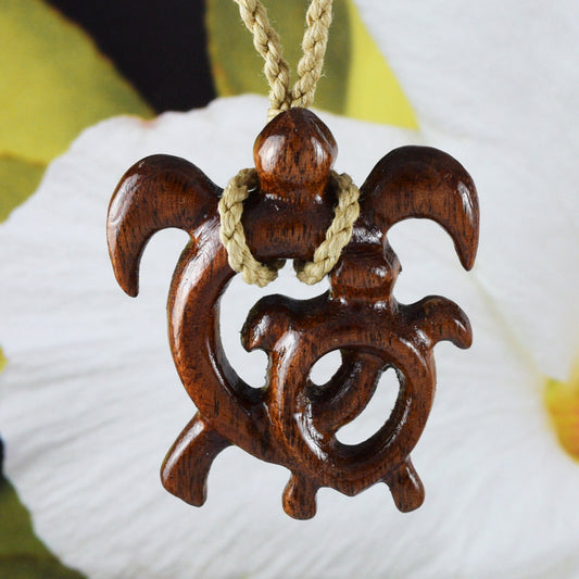 Unique Hawaiian Large Mom & Baby Sea Turtle Necklace, Hand Carved Genuine Koa Wood Turtle Necklace, N9136 Birthday Mother Gift