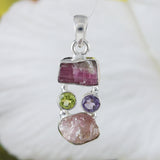 Gorgeous Hawaiian Genuine Amethyst Peridot Pink Tourmaline Necklace, Sterling Silver Rainbow Gemstone Pendant, N9071