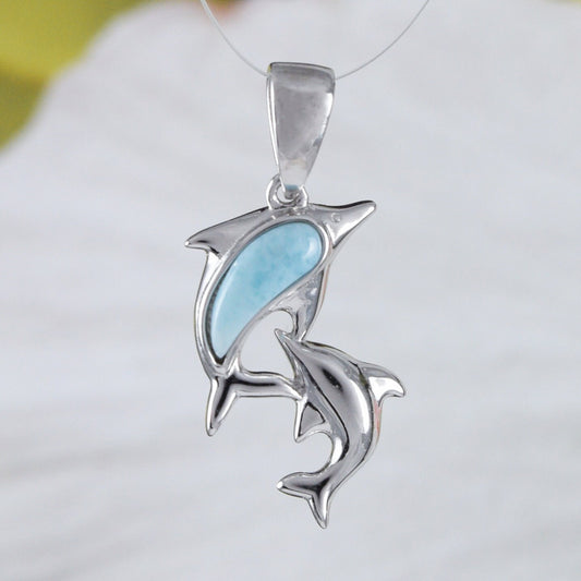 Collier unique hawaïen en véritable larimar pour maman et bébé dauphin, pendentif en argent sterling avec 2 dauphins en larimar, cadeau d'anniversaire pour maman N9148 pour la Saint-Valentin