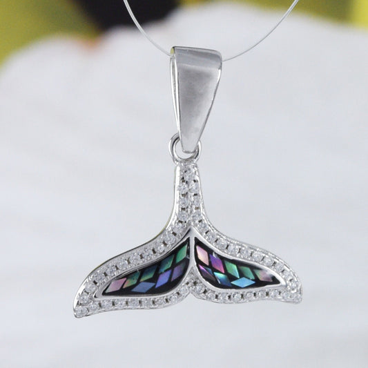 Collier unique en forme de queue de baleine en coquillage Paua hawaïen authentique, pendentif en argent sterling avec nacre d'ormeau et zircone cubique, cadeau de Saint-Valentin, d'anniversaire ou de maman, N9168