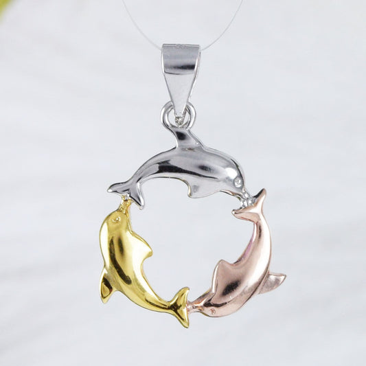 Collier hawaïen tricolore unique avec 3 dauphins, pendentif en argent sterling avec breloque 3 dauphins, cadeau d'anniversaire pour femme, maman, mère, N9194