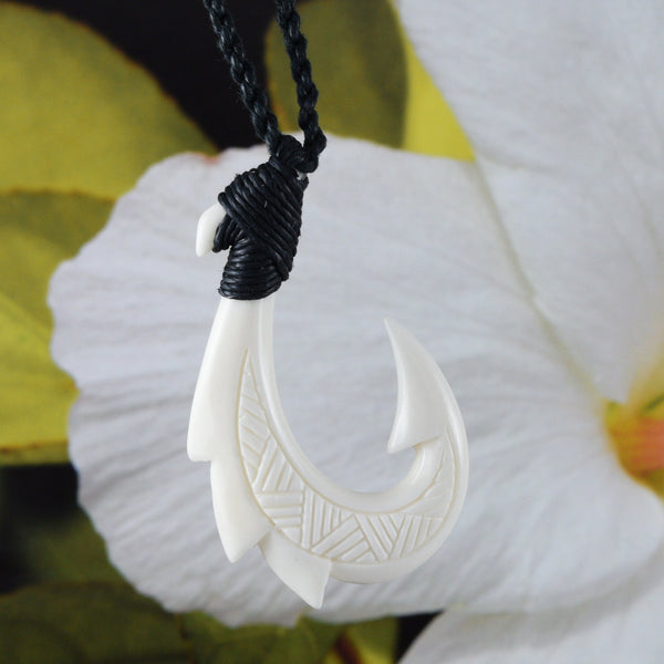 Unique Hawaiian Large Fish Hook Necklace, Hand Carved Buffalo Bone 3D Fish Hook Necklace, N9106 Birthday Mother Gift, Island Jewelry