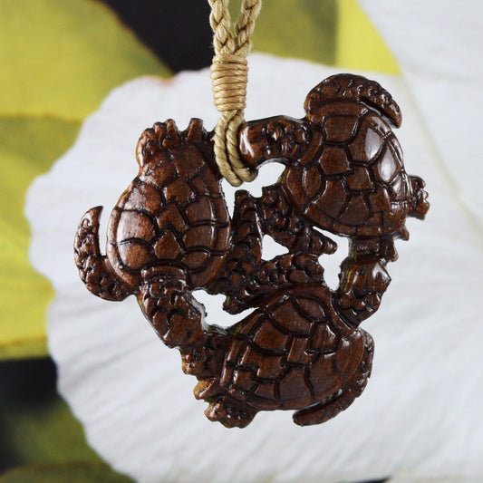 Unique Hawaiian X-Large Koa Wood 3 Sea Turtle Necklace, Hand Carved Genuine Koa Wood Turtle Family Necklace, N9108 Birthday Mother Gift