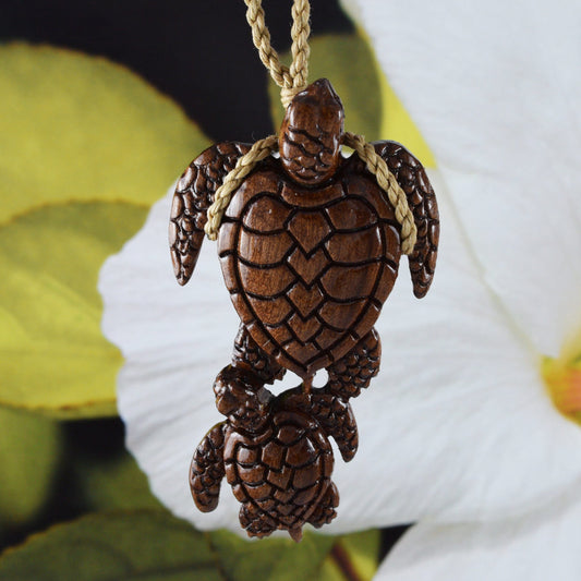 Unique Hawaiian X-Large Mom & Baby Sea Turtle Necklace, Hand Carved Genuine Koa Wood Turtle Necklace, N9110 Birthday Men Dad Mother Gift