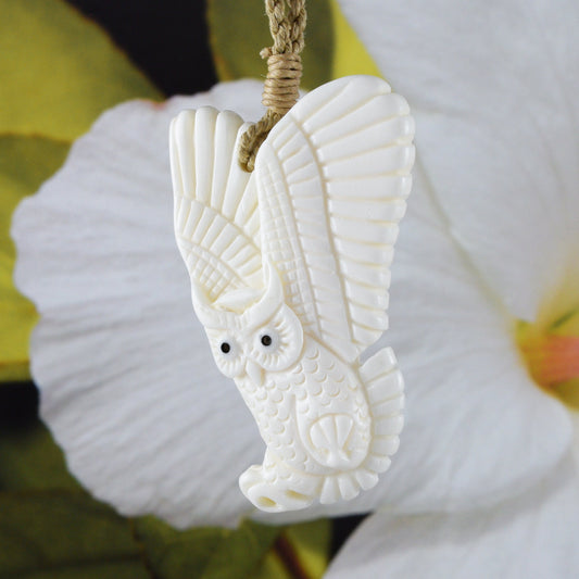 Unique Hawaiian Large Owl Necklace, Hand Carved Buffalo Bone Owl Necklace, N9128 Birthday Mother Gift, Island Jewelry