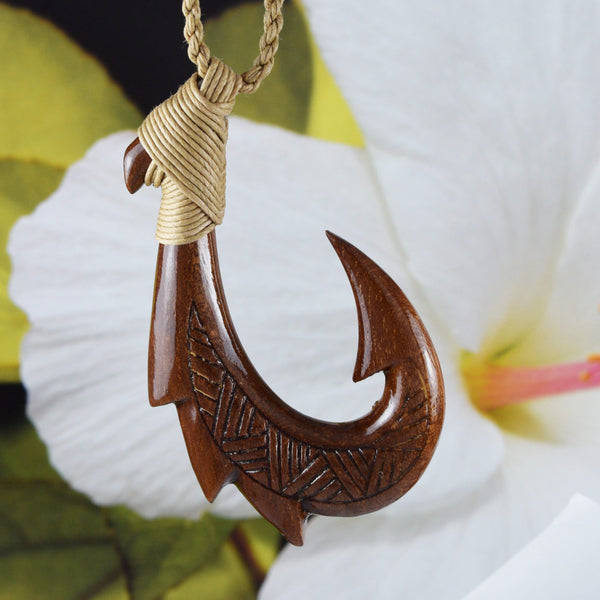 Unique Hawaiian X-Large Koa Wood Fish Hook Necklace, Hand Carved Genuine Koa Wood Fish Hook Necklace, N9133 Birthday Valentine Gift