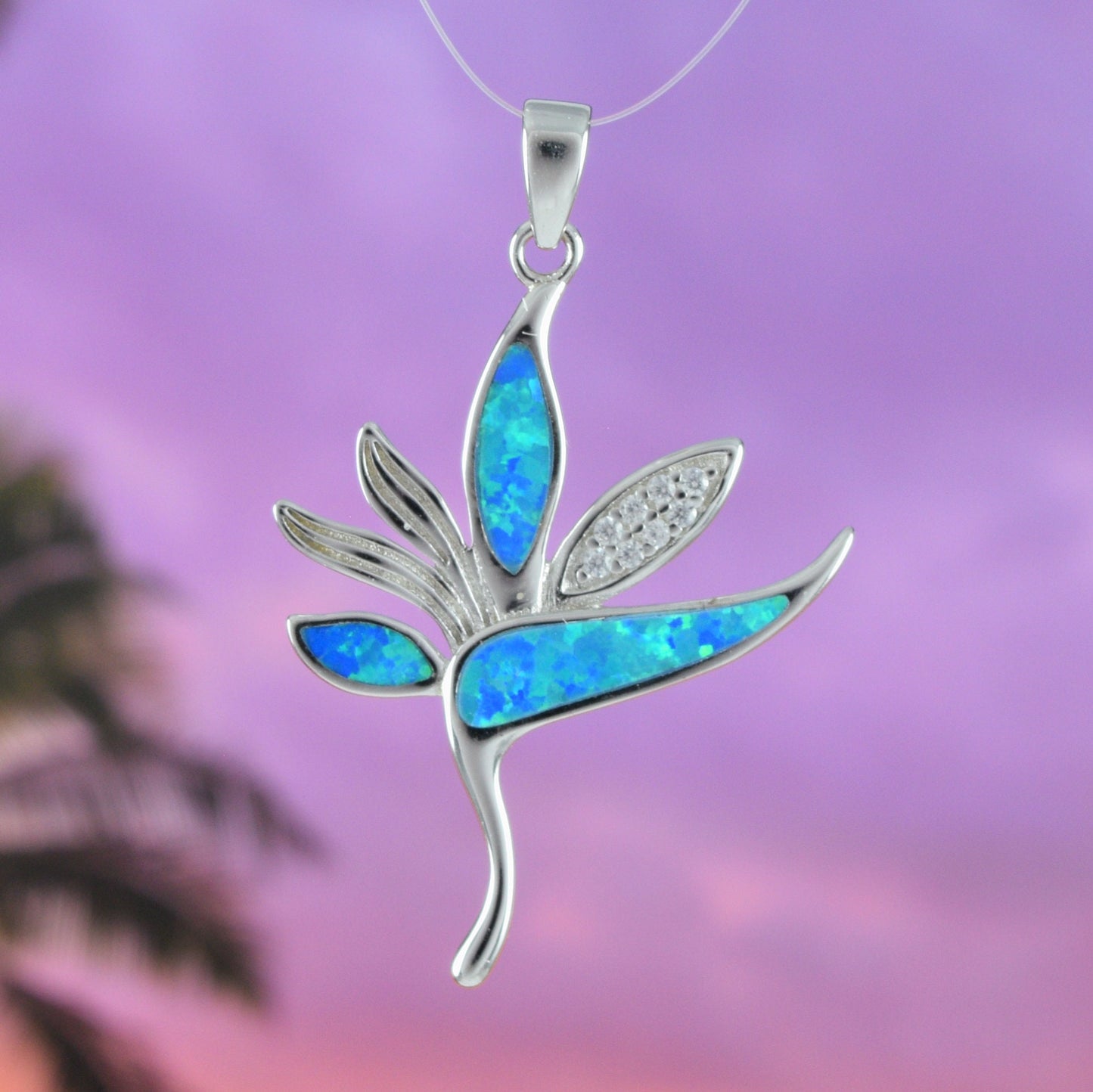 Stunning Hawaiian Blue Opal Bird of Paradise Necklace, Sterling Silver Opal Bird of Paradise CZ Pendant, N6156 Birthday Mother Mom Gift