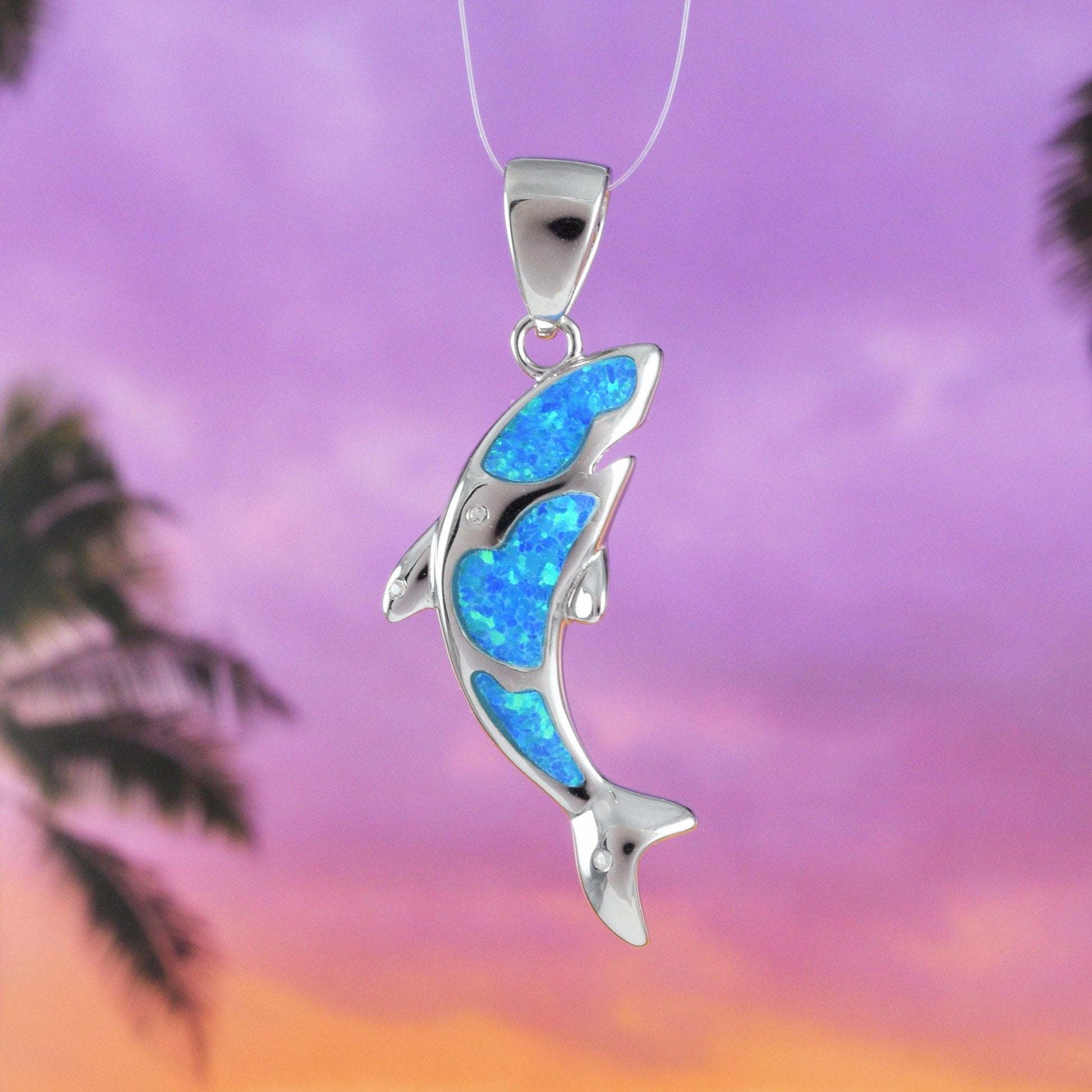 Unique Hawaiian Blue Opal Orca Whale Necklace, Sterling Silver Blue Opal Orca Killer Whale CZ Eye Pendant, N6166 Birthday Mother Mom Gift - Hawaii Treasures Shop