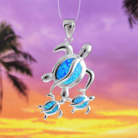 Gorgeous X-Large Mom & 2 Baby Turtle Earring and Necklace, Sterling Silver Hawaiian Blue Opal Sea Turtle Family Pendant, N6169S2 Mother Gift