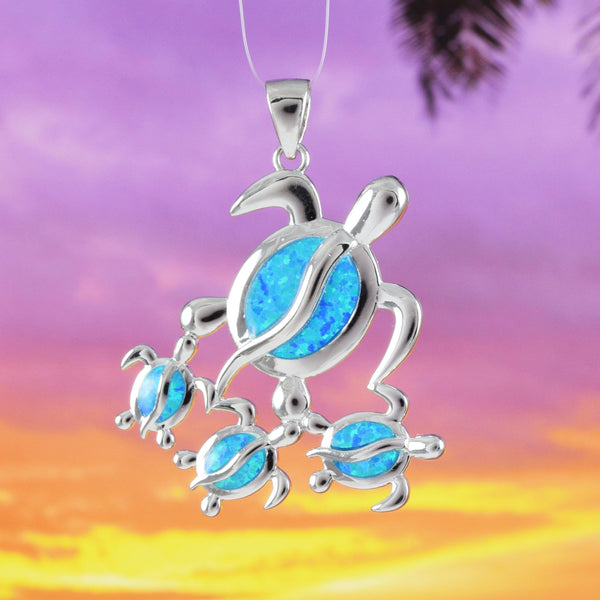 Gorgeous X-Large Mom & 3 Baby Sea Turtle Necklace, Sterling Silver Hawaiian Blue Opal Turtle Family Pendant, N6172 Birthday Mother Gift