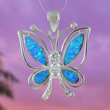 Gorgeous Hawaiian Large Blue Opal Butterfly Necklace, Sterling Silver Blue Opal Butterfly CZ Pendant N6148 Birthday Mom Gift, Statement PC