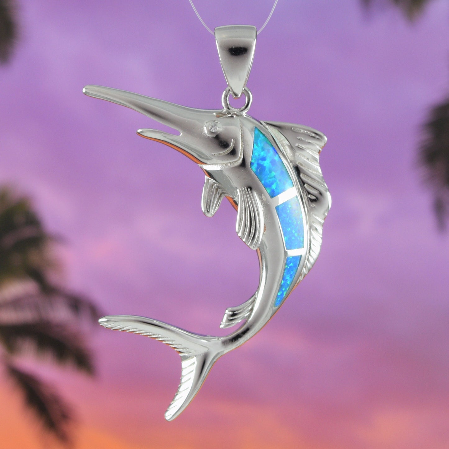 Unique Gorgeous Hawaiian X-Large Blue Opal Marlin Necklace, Sterling Silver Opal Marlin Fish Pendant, N6152 Birthday Mom Gift, Statement PC - Hawaii Treasures Shop