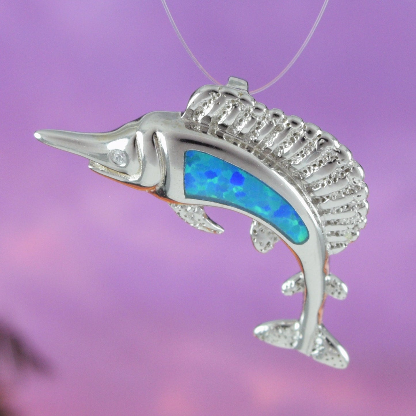 Beautiful Hawaiian Blue Opal Marlin Fish Earring and Necklace, Sterling Silver Blue Opal Swordfish Pendant, N6161 Birthday Mother Mom Gift