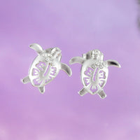 Beautiful Hawaiian Hibiscus Sea Turtle Earring, Sterling Silver Turtle Hibiscus CZ Stud Earring, E4125 Birthday Wife Mom Girl Mother Gift