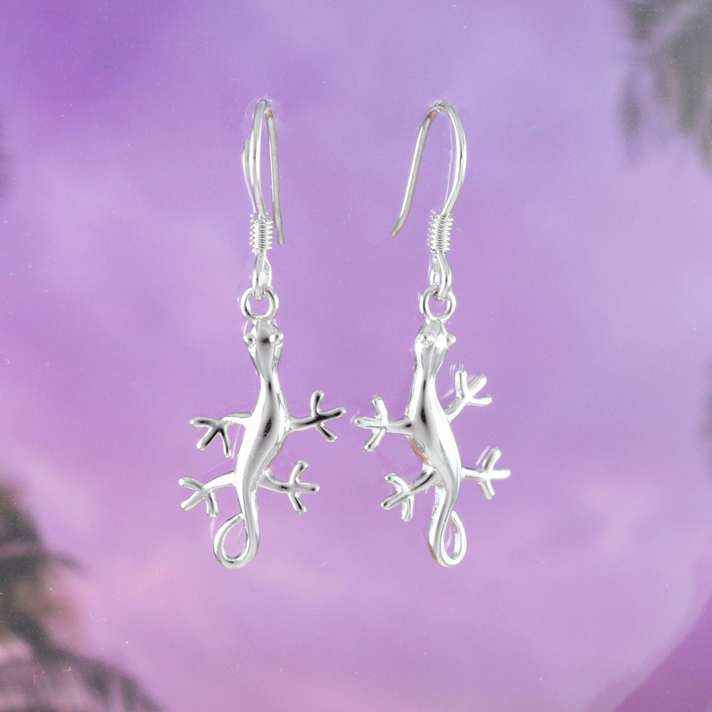 Unique Hawaiian Large Gecko Earring, Sterling Silver Crawling Gecko Dangle Earring, E4118 Birthday Wife Mom Mother Gift, Island Jewelry