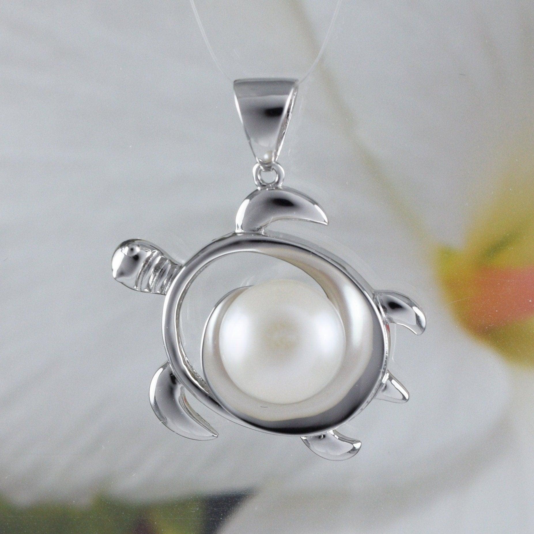 Unique Hawaiian Large Genuine White Pearl Sea Turtle Necklace, Sterling Silver White Pearl Turtle Pendant, N8869 Birthday Mom Gift - Hawaii Treasures Shop