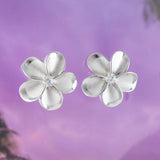 Gorgeous Hawaiian Large Plumeria Earring, Sterling Silver Plumeria Flower CZ Stud Earring, E4027 Birthday Wife Mom Mother Gift, Statement