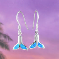 Pretty Hawaiian Blue Opal Whale Tail Earring, Sterling Silver Blue Opal Whale Tail Dangle Earring, E4024 Birthday Wife Mom Mother Gift