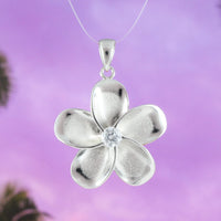 Beautiful Hawaiian Large Plumeria Earring and Necklace, Sterling Silver Plumeria Flower CZ Pendant, N6001S Birthday Mom Wife Gift