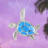 Superbes boucles d'oreilles et collier en forme de tortue de mer hawaïenne de grande taille, pendentif en argent sterling avec opale bleue, cadeau d'anniversaire N6023SH, déclaration PC