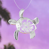 Beautiful Hawaiian Large Sea Turtle Hibiscus Necklace, Sterling Silver Turtle Hibiscus CZ Pendant, N6025 Birthday Mother Wife Mom Gift