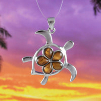 Magnifique collier et boucles d'oreilles en véritable bois de koa hawaïen de grande taille, pendentif en forme de tortue de mer Plumeria en argent sterling, N8506S