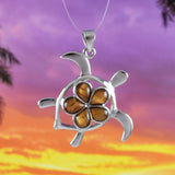 Magnifique collier et boucles d'oreilles en véritable bois de koa hawaïen de grande taille, pendentif en forme de tortue de mer Plumeria en argent sterling, N8506S