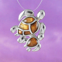 Unique Hawaiian Genuine Koa Wood Mom and Baby Sea Turtle Earring and Necklace, Sterling Silver Turtle Pendant, N8509S Birthday Mother Gift