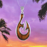 Magnifique collier hawaïen en bois de koa véritable de très grande taille avec hameçon, pendentif en argent sterling avec hameçon, cadeau d'anniversaire pour mère N8513