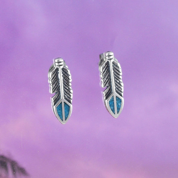 Unique Hawaiian Genuine Turquoise Feather Earring, Sterling Silver Feather Stud Earring, E8398 Birthday Wife Mom Girl Mother Gift