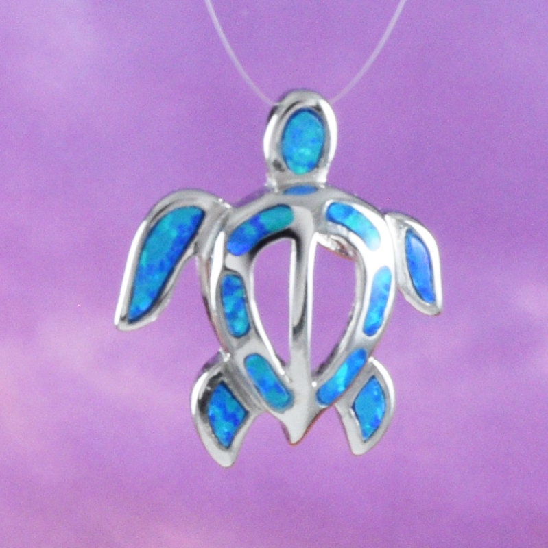 Unique Beautiful Hawaiian Blue Opal Sea Turtle Necklace, Sterling Silver Blue Opal Turtle Pendant, N8374 Birthday Mom Wife Mother Gift - Hawaii Treasures Shop