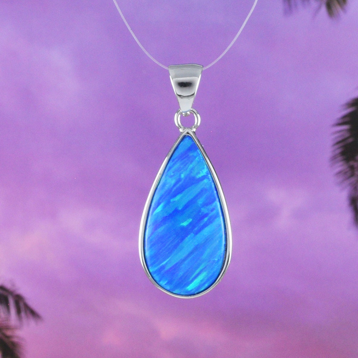 Beautiful Hawaiian Blue Opal Rain Drop Necklace, Sterling Silver Blue Opal Rain-Drop Pendant, N8388 Birthday Mom Mother Gift