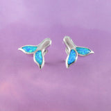 Beautiful Hawaiian Blue Opal Whale Tail Earring, Sterling Silver Blue Opal Whale Tail Stud Earring, E4023 Birthday Mom Girl Mother Gift