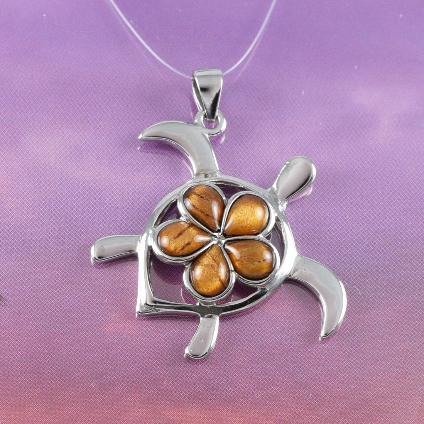 Beautiful Hawaiian Large Genuine Koa Wood Sea Turtle Necklace, Sterling Silver Koa Wood Plumeria Turtle Pendant, N8506 Birthday Mom Gift