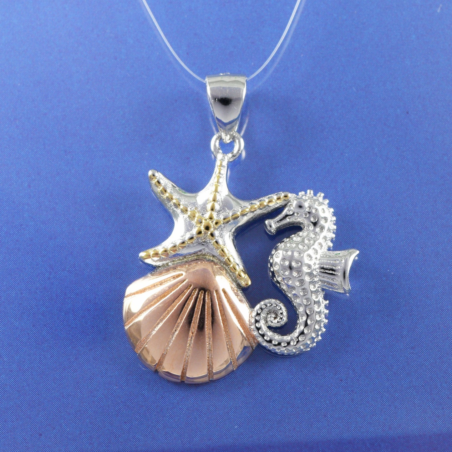 Collier unique hawaïen en forme d'étoile de mer tricolore avec coquillage et hippocampe, pendentif en argent sterling, cadeau d'anniversaire pour maman N8554