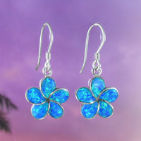 Elegant Hawaiian Blue Opal Plumeria Earring, Sterling Silver Opal Plumeria Flower Dangle Earring, E4032 Birthday Wife Mom Mother Gift