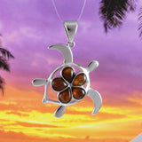 Beautiful Hawaiian X-Large Genuine Koa Wood Sea Turtle Necklace, Sterling Silver Koa Wood Plumeria Turtle Pendant, N8505 Birthday Mom Gift